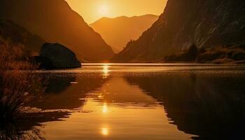 el majestuoso montaña rango refleja en tranquilo aguas a oscuridad generado por ai foto