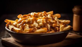 Crunchy, deep fried French fries heap on rustic wooden table generated by AI photo