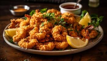 A la parrilla Mariscos plato con limón y perejil, un gastrónomo comida generado por ai foto