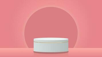 3d white cylinder pedestal or podium in soft pink color background with glow circle. minimal scene for product display presentation vector illustration EPS10