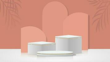 3d three grey podium with gold line for product display with soft pink color on wall and shadow leaf for cosmetic product vector illustration EPS10