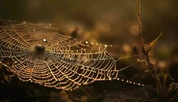 Spider web glistens with dew in autumn forest generated by AI photo
