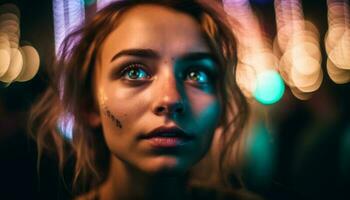 Young adult woman illuminated by nightclub lighting generated by AI photo