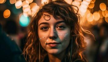 Smiling young woman illuminated by Christmas lights generated by AI photo