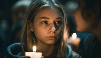 linda muchachas sonriente, iluminado por luz de una vela adentro generado por ai foto