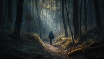 One person hiking through spooky foggy forest generated by AI photo