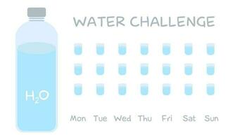 Water Challenge Calendar. Water Balance Calendar. Water weekly Tracker. From Monday to Sunday. Hydration Challenge. Flat vector illustration. Drinking water checklist with bottle and cups.