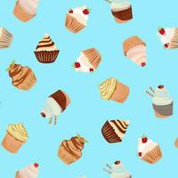 Cupcakes Seamless pattern on blue background. Texture for fabric, wrapping, wallpaper. Decorative print. Pattern from different cakes. vector