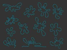 Set of different liquid splashes from neon blue line on blackboard. Splashes of water in different directions, linear vector illustration in cartoon style on Black background.