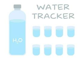 Water tracker template. Drinking water checklist. Water tracker with bottle and eight cups. Vector illustration. Health concept.