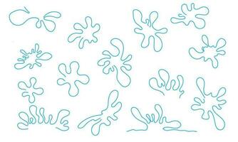 Set of water splashes. Vector illustration. Collections of different blots or splashes linear art. Blue outline. Doodle water illustrations.