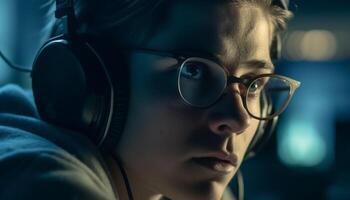 Young adult listening to music in nightclub generated by AI photo