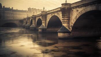 hombre hecho arco refleja historia en paisaje urbano crepúsculo generado por ai foto