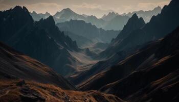 majestuoso montaña rango, tranquilo prado, otoño oscuridad generado por ai foto