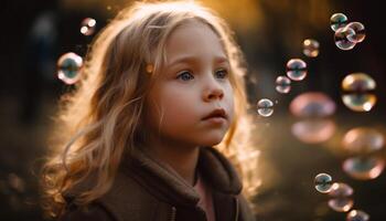 Blond girl blowing bubbles, enjoying carefree childhood generated by AI photo