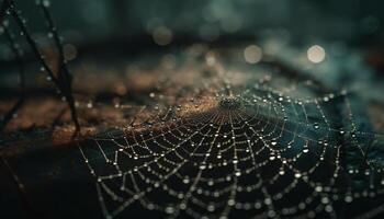 Spider web glistens with dew in nature generated by AI photo