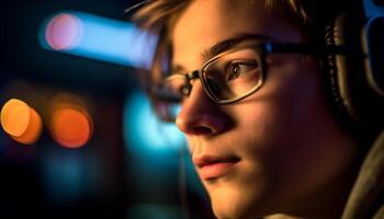 Young adult men in eyeglasses enjoying nightlife generated by AI photo