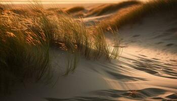dorado arena duna ondas en tranquilo puesta de sol generado por ai foto