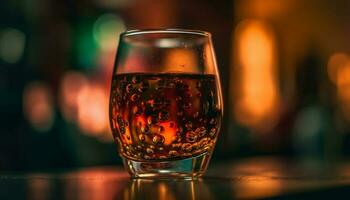 Luxury whiskey glass reflects illuminated celebration flame generated by AI photo