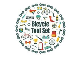 Cycling and Bicycle Tool Set Vector Illustration of a Mechanic Repairing Bicycles in a Workshop with Spare Parts in Flat Cartoon Hand Drawn Template