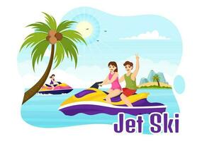 People Ride Jet Ski Vector Illustration Summer Vacation Recreation, Extreme Water Sports and Resort Beach Activity in Hand Drawn Flat Cartoon Template