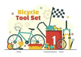 Cycling and Bicycle Tool Set Vector Illustration of a Mechanic Repairing Bicycles in a Workshop with Spare Parts in Flat Cartoon Hand Drawn Template