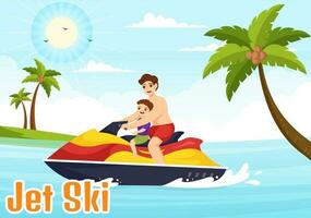 Kids Ride Jet Ski Vector Illustration Summer Vacation Recreation, Extreme Water Sports and Resort Beach Activity in Hand Drawn Flat Cartoon Template