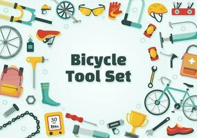 Cycling and Bicycle Tool Set Vector Illustration of a Mechanic Repairing Bicycles in a Workshop with Spare Parts in Flat Cartoon Hand Drawn Template