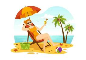 Sunbathing Vector Illustration of People Lying on Chaise Lounge and Relaxing on Beach Summer Holidays in  Flat Cartoon Hand Drawn Templates