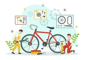 Cycling and Bicycle Tool Set Vector Illustration of a Mechanic Repairing Bicycles in a Workshop with Spare Parts in Flat Cartoon Hand Drawn Template