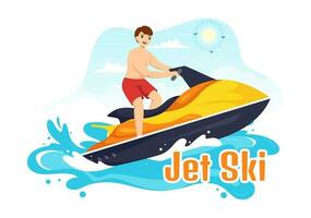 People Ride Jet Ski Vector Illustration Summer Vacation Recreation, Extreme Water Sports and Resort Beach Activity in Hand Drawn Flat Cartoon Template