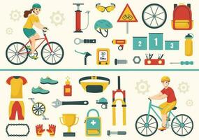 Cycling and Bicycle Tool Set Vector Illustration of a Mechanic Repairing Bicycles in a Workshop with Spare Parts in Flat Cartoon Hand Drawn Template