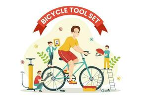 Cycling and Bicycle Tool Set Vector Illustration of a Mechanic Repairing Bicycles in a Workshop with Spare Parts in Flat Cartoon Hand Drawn Template