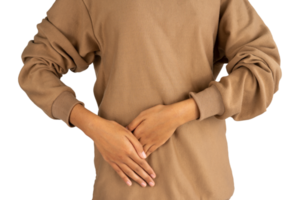 woman holding the abdomen of the kidney with both hands png