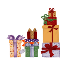 Hand draw and paint wrapped gift boxes with colorful, various pattern and ribbons. Design elements white isolated. png