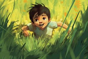 illustration of kid playing in grass made with photo