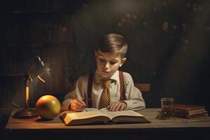 Free photo boy reading a book sitting at the table in the classroom made with