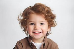 linda contento sonriente niño aislado en blanco antecedentes hecho con generativo ai foto