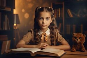 Free photo back to school. cute child schoolgirl sitting at a desk in a room made with Generative AI