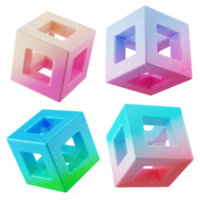 A set collection of floating 3d abstract shapes thick wireframe cube in colorful modern candy color gradient isolated png