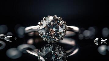 ring with a very large diamond on a dark background with reflections and water drops macro photo. photo