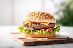 delicious cheeseburger with vegetables and salad on a wooden board on a light blurred background. photo