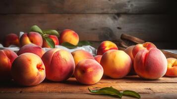 ripe fresh peaches on wooden background, rustic style. photo