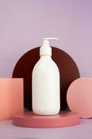 Blank lotion bottle standing on the podium. Cosmetic and health product display mockups photo