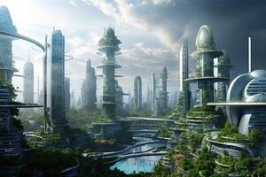 Technological city of the future with white houses, green roofs of houses with gardens, futurism and ecology. photo