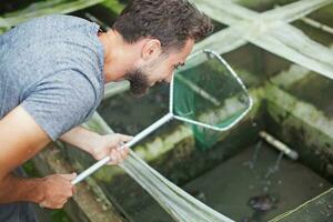 Farmer on frog farm in Bali photo