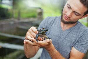 Farmer on frog farm in Bali photo