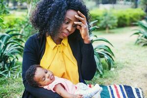 Worried Afro mother with baby photo