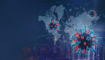 Abstract 3D background with Covid-19 molecule under microscope, overlayed over the night city and graphs photo