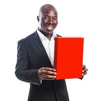 a professional smiling black man holding a red box in hands photo